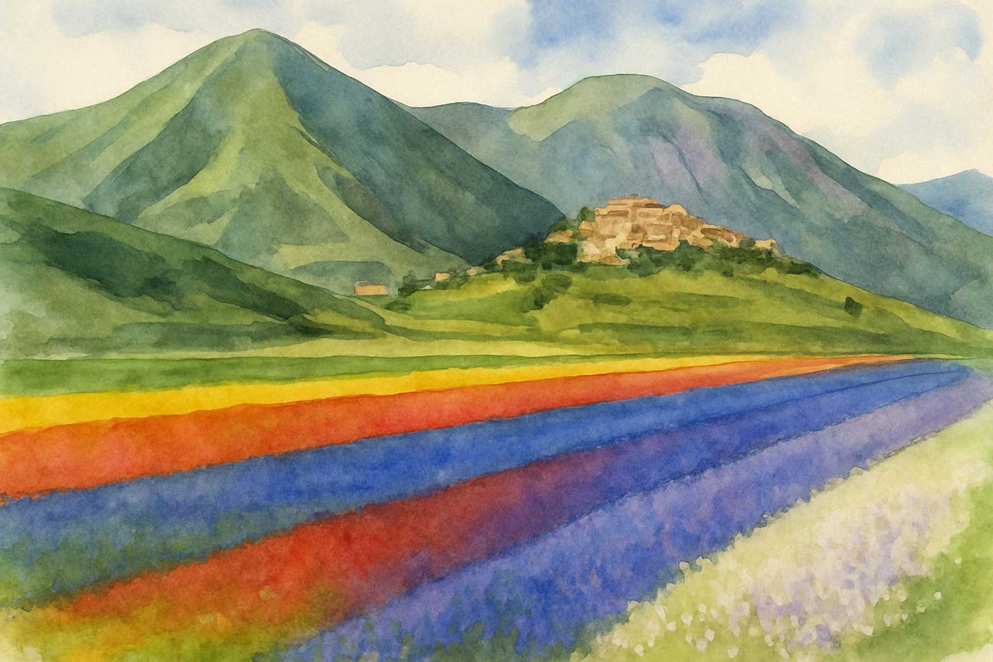 La sequenza dei colori della fioritura di Castelluccio di Norcia disegno acquarello