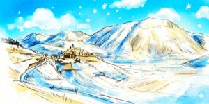 Snowshoeing in Castelluccio di Norcia pencil illustration